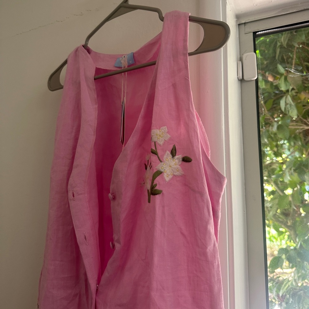 Fanm Mon Anamur Pink Embroidered Floral Button Up Linen Midi Dress Medium